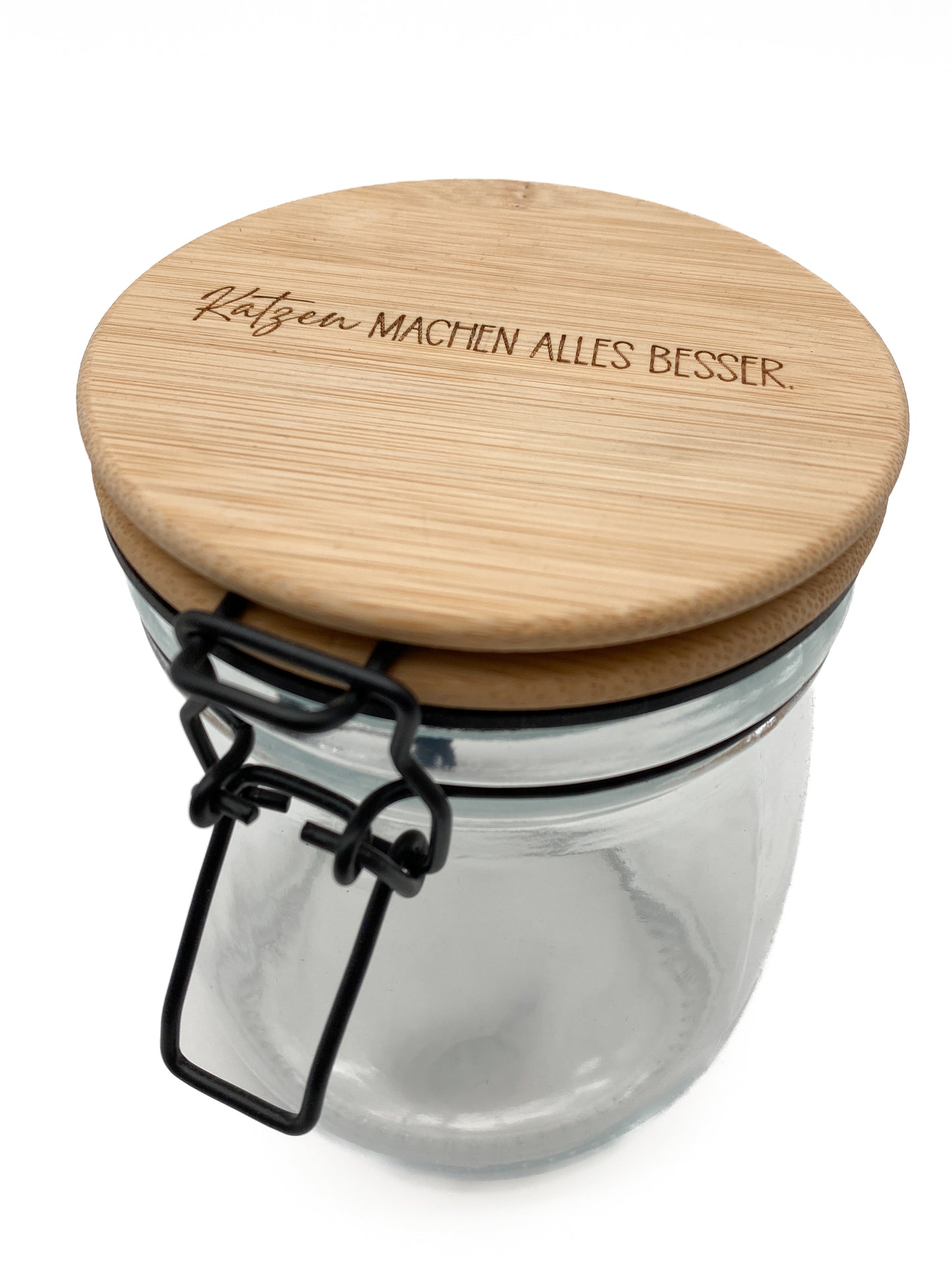 Glas mit Holzdeckel und Bügelverschluss Katze