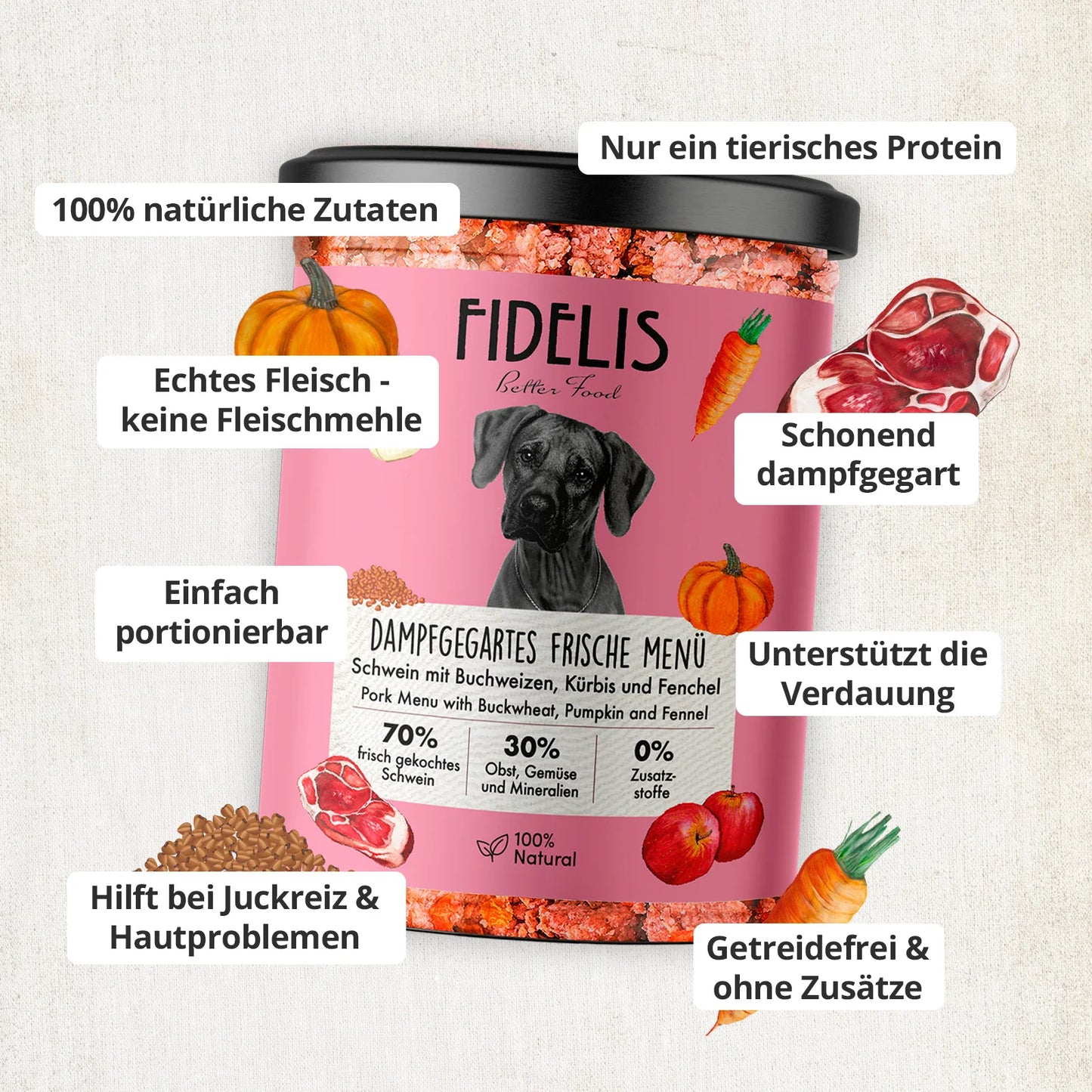 Gekochtes Frische-Menü Schwein mit Buchweizen 400g