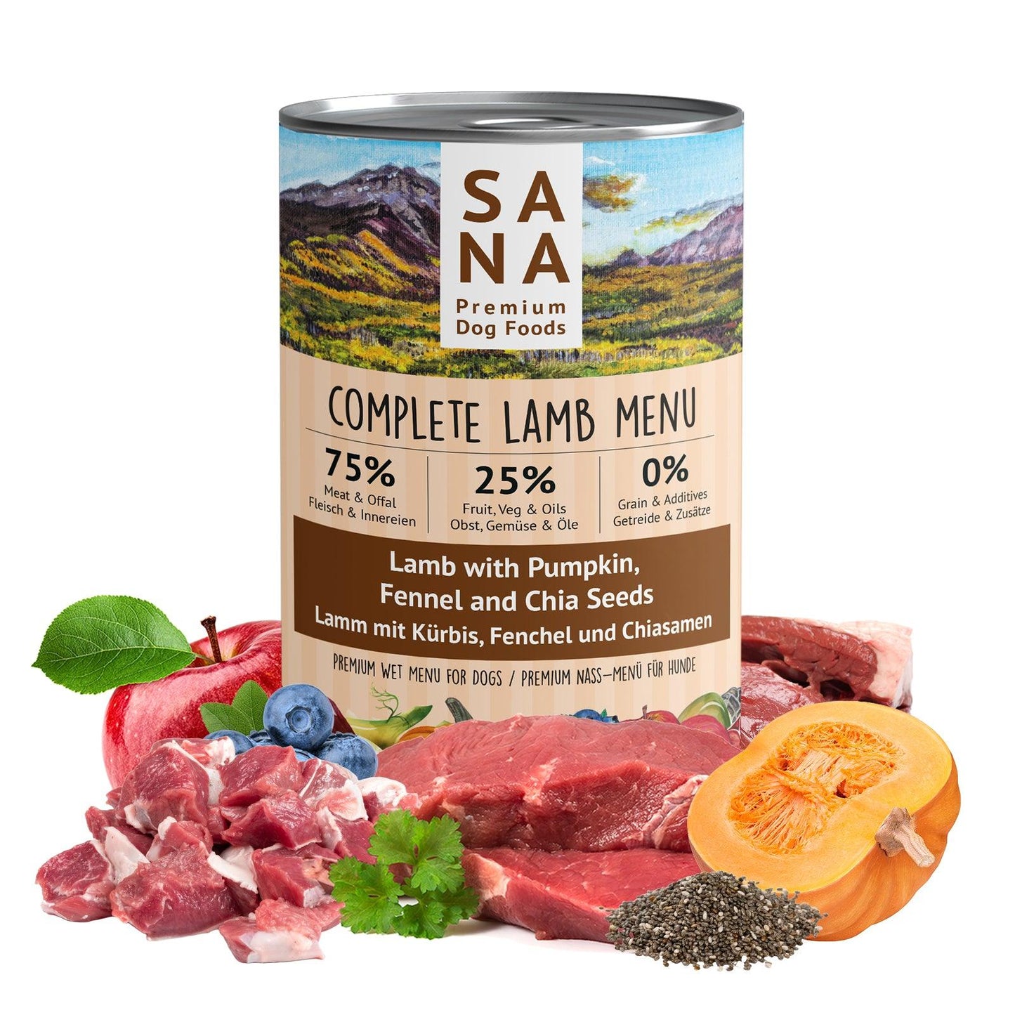 Nass-Menü Lamm mit Kürbis, Fenchel und Chiasamen 400g