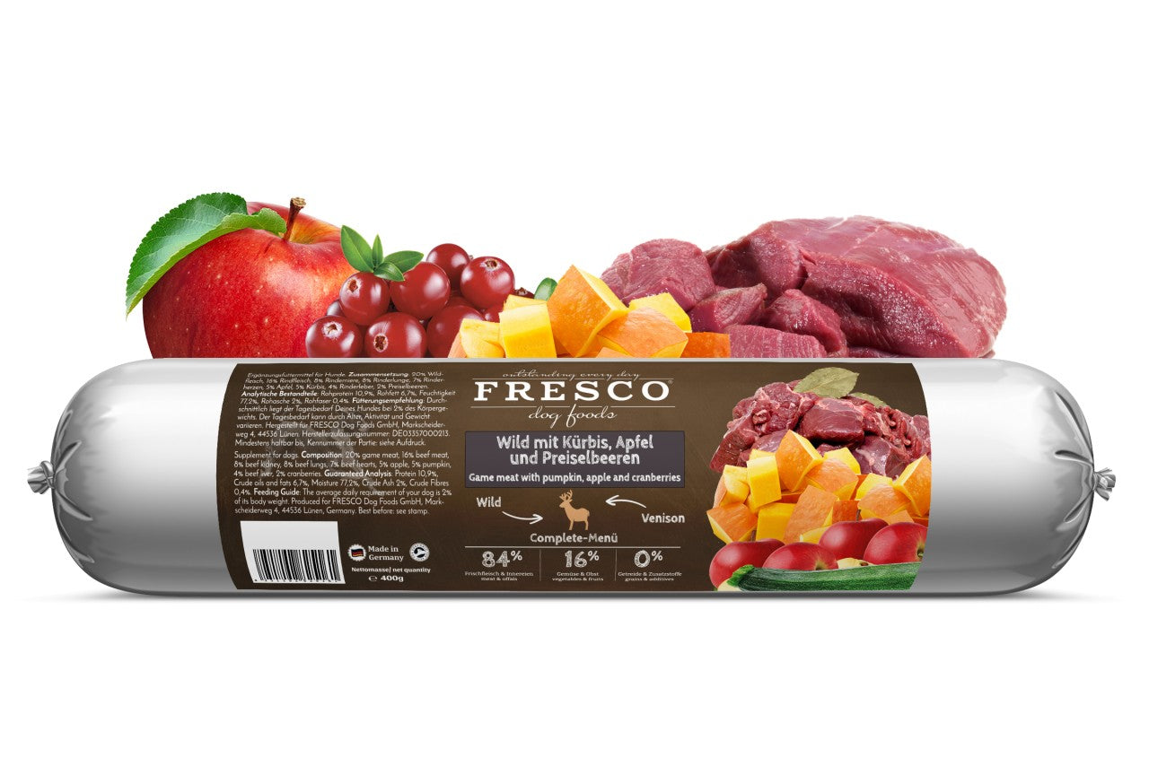 BarfWurst Wild mit Kürbis, Apfel und Preiselbeeren 400g