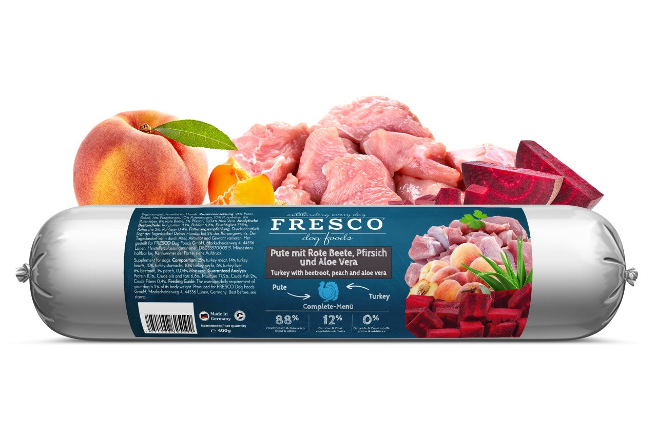BarfWurst Pute mit Rote Beete, Pfirsich und Aloe Vera 400g