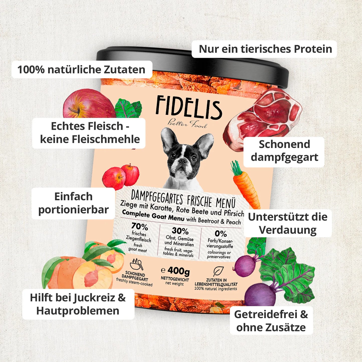 Gekochtes Frische-Menü Ziege mit Karotte 400g