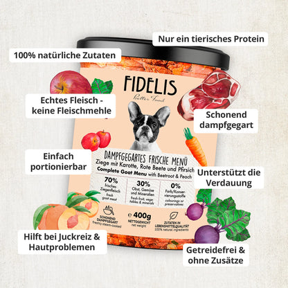 Gekochtes Frische-Menü Ziege mit Karotte 400g