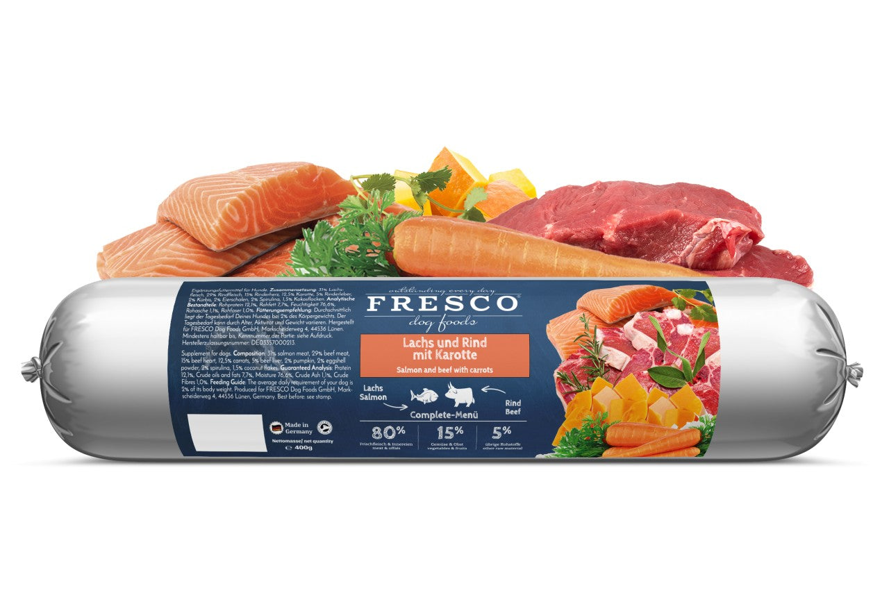 BarfWurst Lachs und Rind mit Karotte 400g